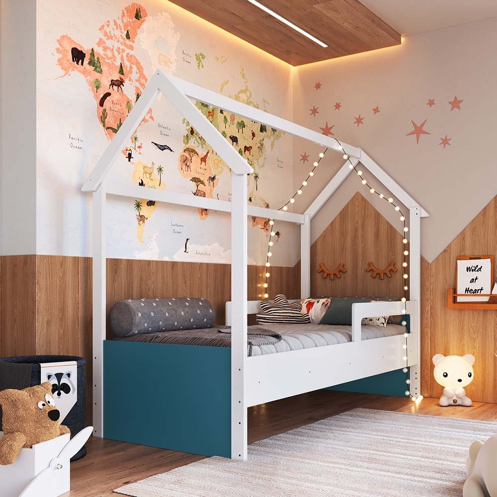 Cama Infantil Montessoriana cor Branco com Azul Secreto